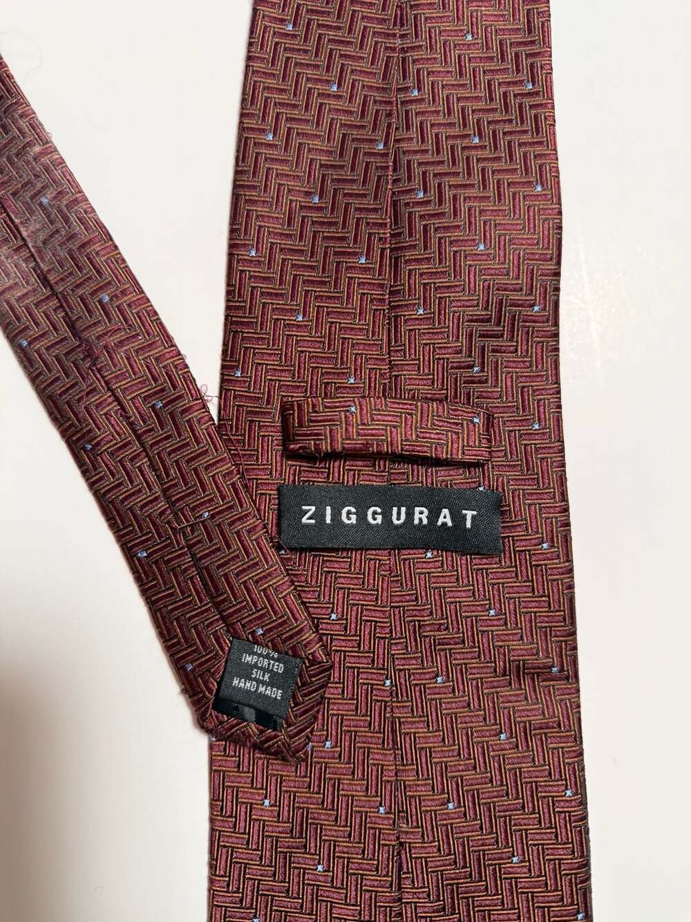 Ziggurat Silk Necktie Burgundy Geometric Pattern Hand Made